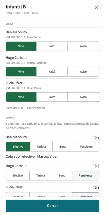 La clase de un grupo en la agenda del profesor: los tres alumnos con su asistencia y lo que paga cada uno.